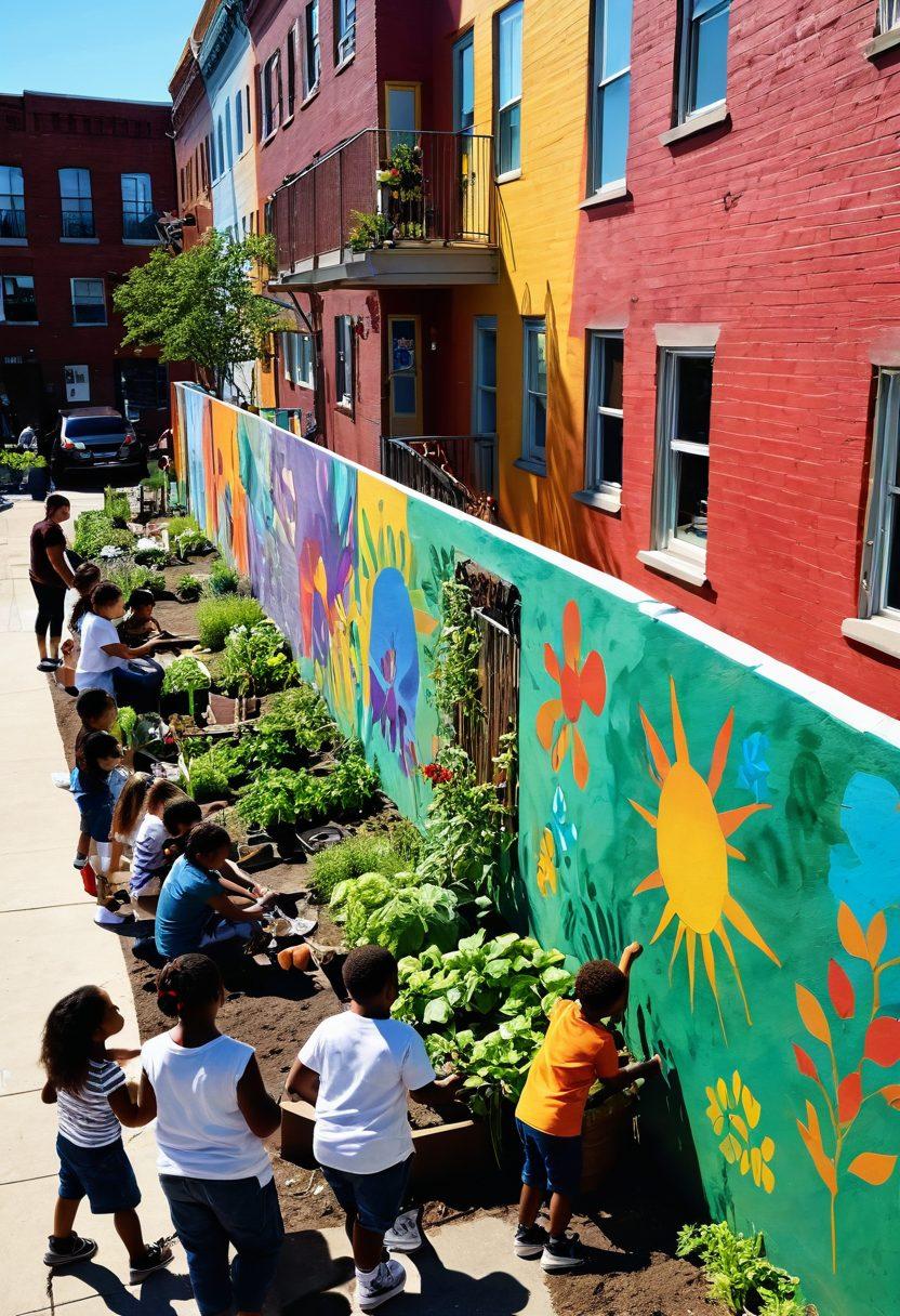 A vibrant community scene showcasing diverse individuals engaged in various innovative activities, such as urban gardening, tech workshops, and art creation. Bright murals adorn the buildings, symbolizing unity and creativity. In the foreground, children play around while adults collaborate on sustainable projects, conveying a sense of joy and progress. The sun shines brightly, illuminating the lively atmosphere. super-realistic. vibrant colors. 3D.
