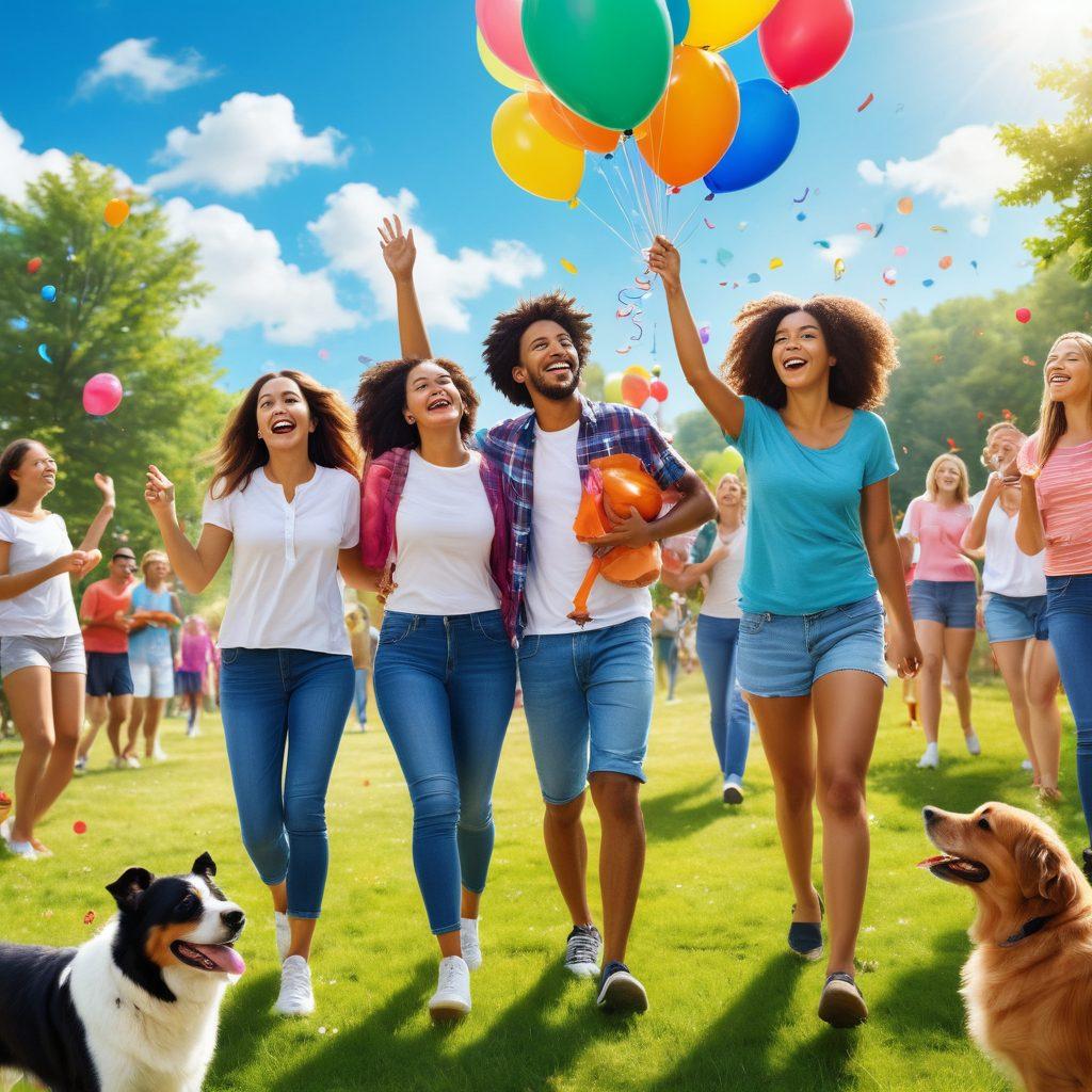 A vibrant and joyous scene depicting a diverse group of people enjoying various Myeir services, such as wellness activities, social gatherings, and outdoor adventures, all bathed in bright sunlight. Surrounding them are symbols of happiness like balloons, confetti, and cheerful pets. The background features lush greenery and a clear blue sky, symbolizing a lively, cheerful lifestyle. This image should convey excitement and well-being. super-realistic. vibrant colors.