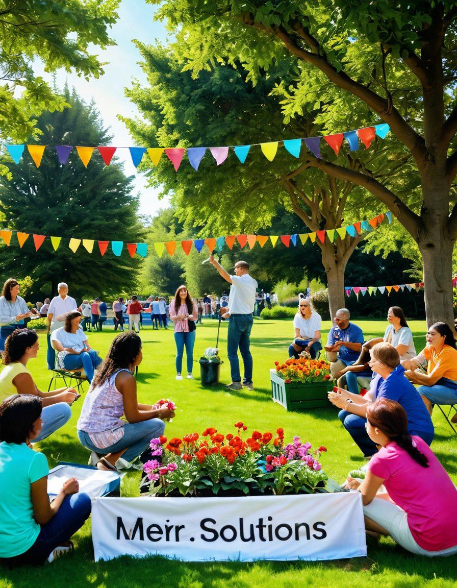 A vibrant community gathering in a park, featuring diverse people engaging in various activities like gardening, sharing food, and playing games, symbolizing joy and collaboration. Surrounding them are bright flowers and trees, creating a welcoming atmosphere. In the background, a banner reads 'Myeir Solutions' showcasing community support. The sun shines brightly, casting cheerful light on the scene. super-realistic. vibrant colors. white background.